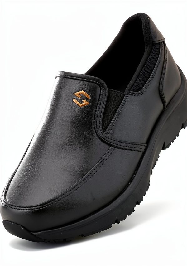HISEA Non Slip Work Shoes for Men, Water & Oil Resistant Leather Slip on Kitchen Shoes, Comfortable Mens Slip Resistant Chef Shoes for Restaurant Food Service, Lightweight Walking Shoes, Black-0
