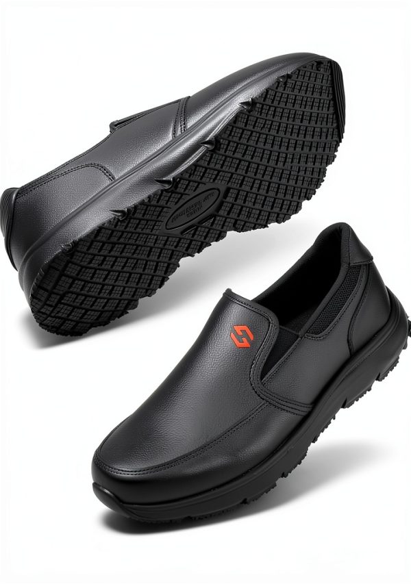 HISEA Non Slip Work Shoes for Men, Water & Oil Resistant Leather Slip on Kitchen Shoes, Comfortable Mens Slip Resistant Chef Shoes for Restaurant Food Service, Lightweight Walking Shoes, Black-6